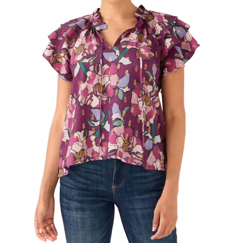 NEW ALIVIA veronica short sleeve top in cranberry stained glass floral